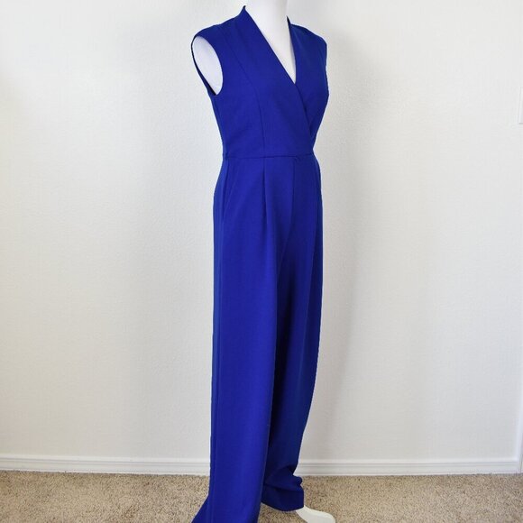 Calvin Klein V-Neck Faux Wrap Wide Leg Jumpsuit Royal Blue - 4 - Picture 5 of 9
